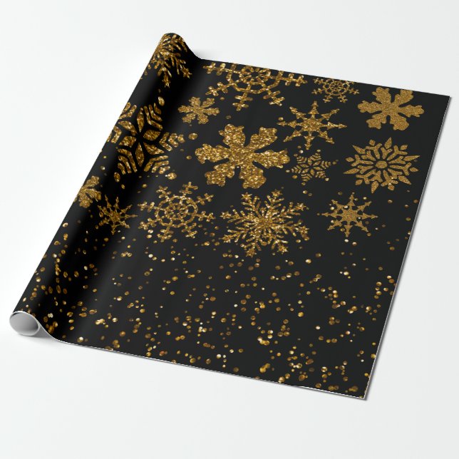 Black & Gold Snowflakes Stars Frohe Weihnachten Geschenkpapier (Ungerollt)