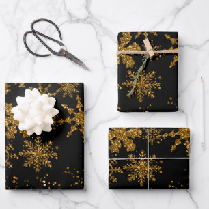 Black & Gold Snowflakes Stars Frohe Weihnachten Geschenkpapier Set