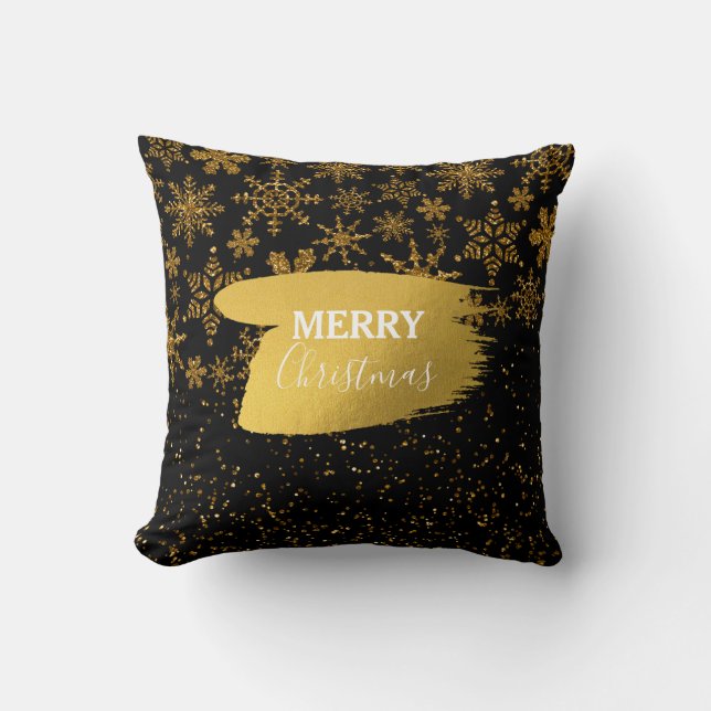 Black & Gold Snowflakes Stars Frohe Weihnachten Kissen (Vorderseite)
