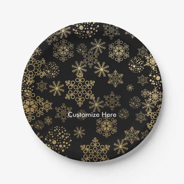 Black & Gold Snowflakes Teller (Vorderseite)