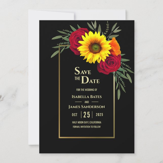 Black Gold Sonnenblumen Burgund Rose Wedding Rette Save The Date (Vorderseite)
