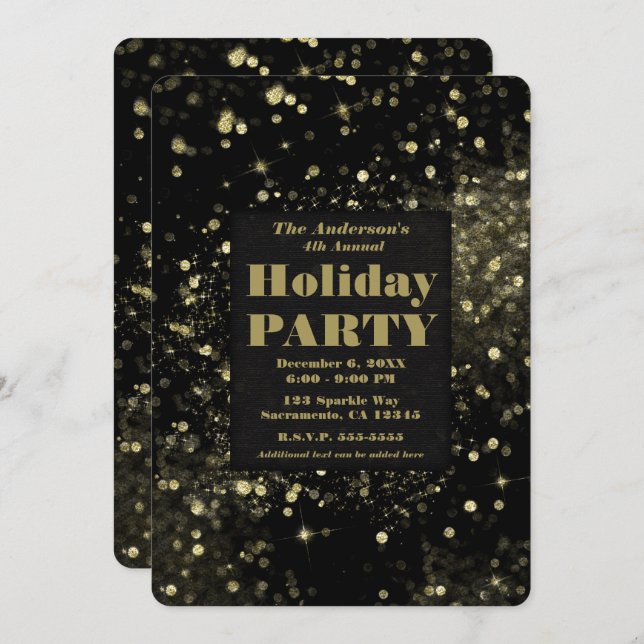 Black & Gold Sparkling Lights Glam Holiday Party Einladung (Vorne/Hinten)