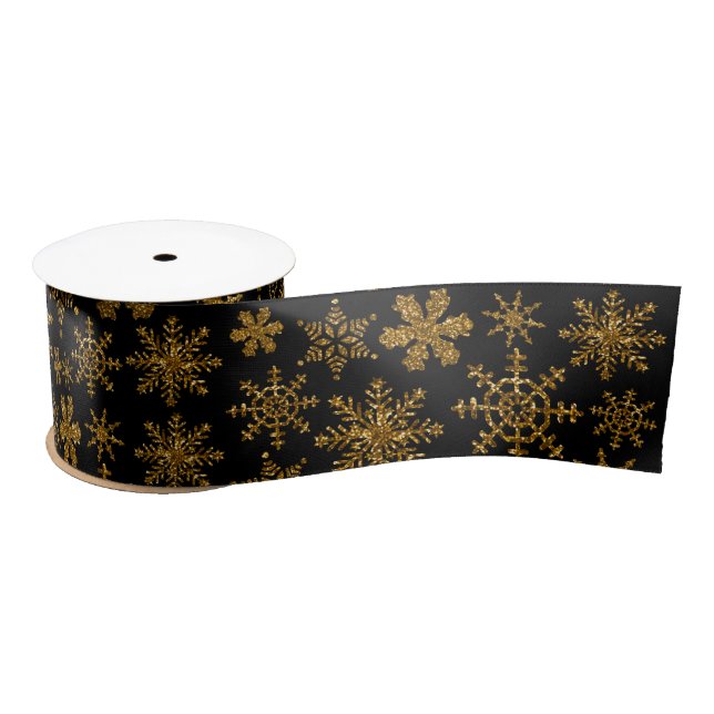 Black & Gold Sparkling Weihnachtsschneeflocken Satinband (Spule)