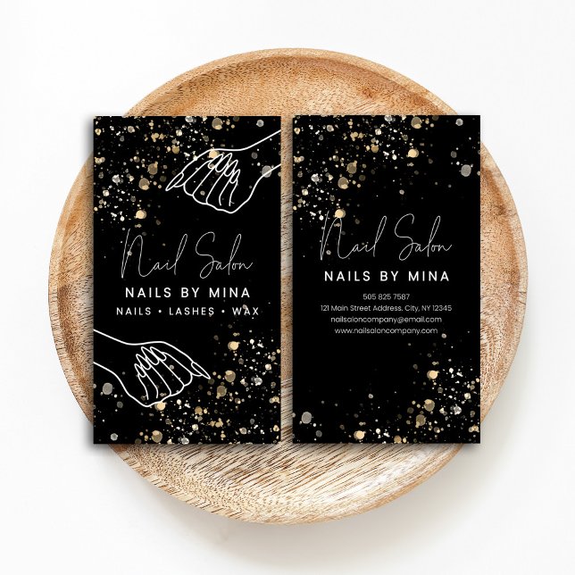 Black Gold Specks Hand Nail Salon Visitenkarte (Von Creator hochgeladen)