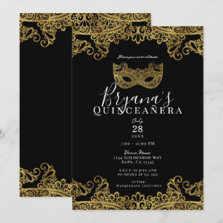 Black & Gold Spitzen Masquerade 15. Quinceañera Einladung