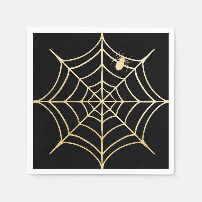 Black & Gold Spooky Halloween Spiderweb & Spider Serviette (Vorderseite)