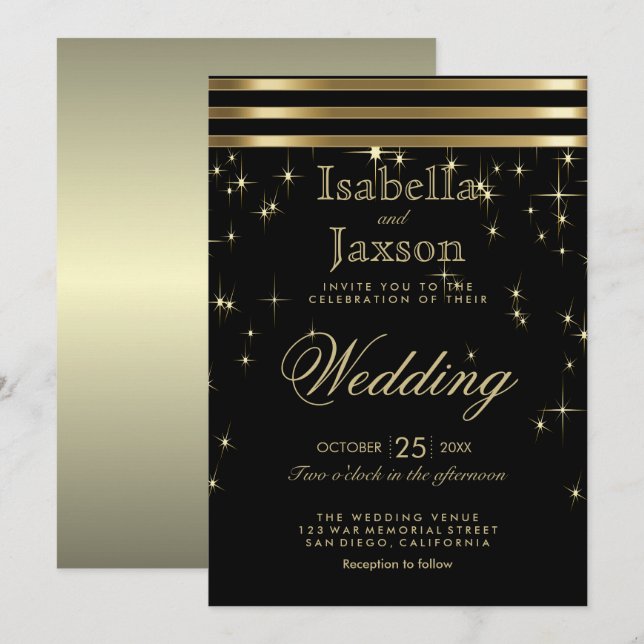 Black & Gold Starlights mit Bars Einladung (Vorne/Hinten)