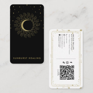 Black & Gold Stars Celestial Sunburst Moon QR Visitenkarte