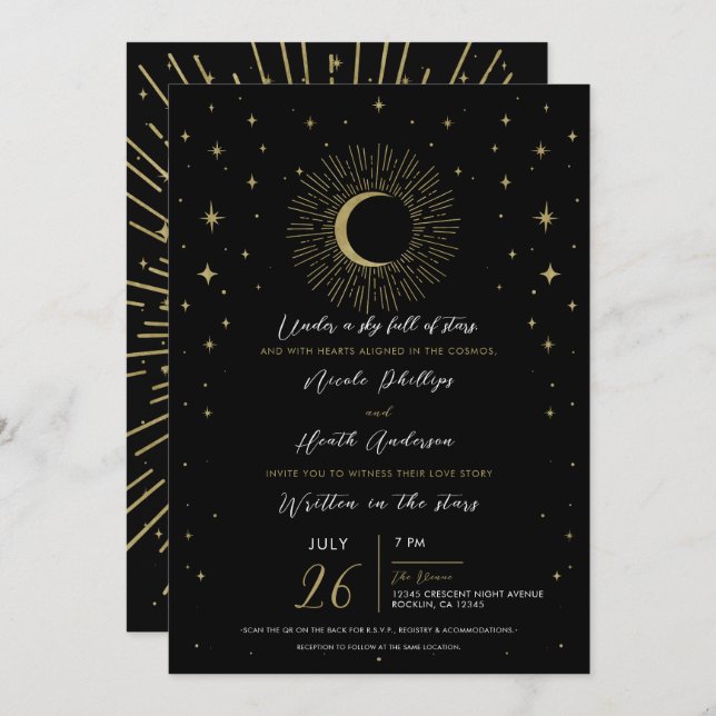 Black & Gold Stars Celestial Sunburst Moon Wedding Einladung (Vorne/Hinten)