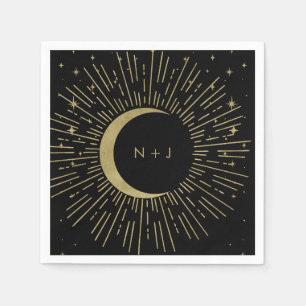 Black & Gold Stars Celestial Sunburst Moon Wedding Serviette