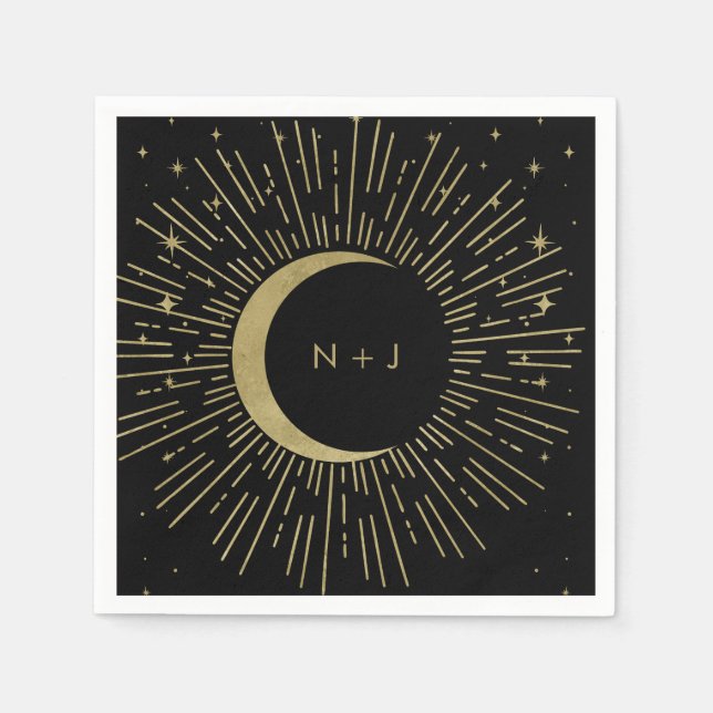 Black & Gold Stars Celestial Sunburst Moon Wedding Serviette (Vorderseite)