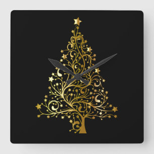 Black Gold Stars Christmas Tree Elegant Wall Clock Quadratische Wanduhr