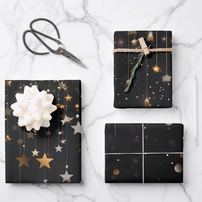 Black Gold Stars Geschenkpapier Set (Vorderseite)