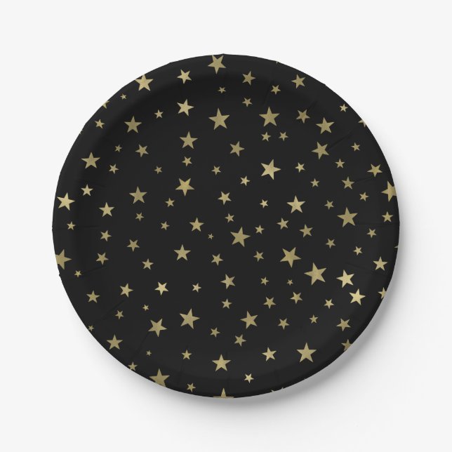 Black & Gold Stars Starry Night Celestial Party Pappteller (Vorderseite)
