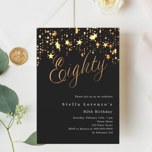 Black Gold Sterne eleganter Luxus 80. Geburtstag Einladung (Von Creator hochgeladen)