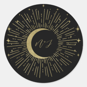 Black & Gold Sterne Himmels-Sonnenausbruch Mond Ho Runder Aufkleber