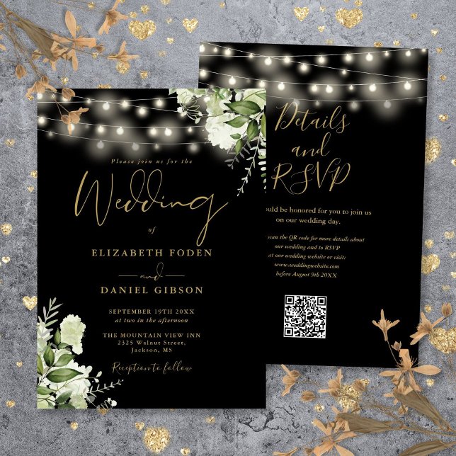 Black Gold String Lights Floral QR Code Hochzeit Einladung (Black Gold String Lights Floral QR Code Wedding Invitation
)