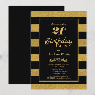 Black Gold Striped 21. Geburtstag Party Einladung