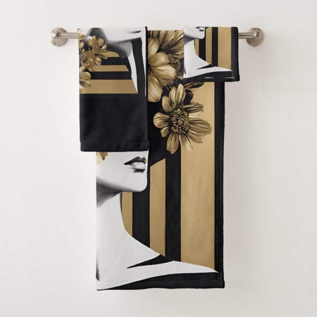 Black Gold Stripes Blume Badhandtuch Set (Insitu)