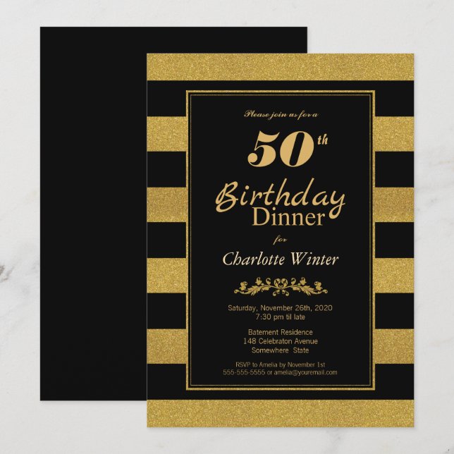Black Gold Striping 50. Geburtstag Abendessen Einladung (Vorne/Hinten)