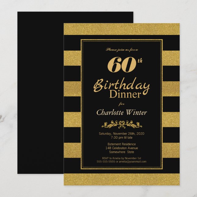 Black Gold Striping 60. Geburtstag Abendessen Einladung (Vorne/Hinten)