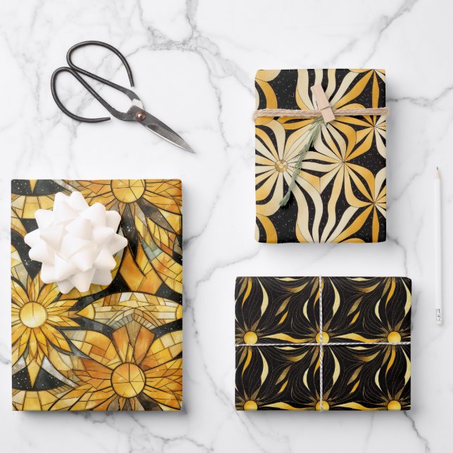 Black & Gold Sunburst Wrapping Paper Flat Set 3 Geschenkpapier Set (Vorderseite)