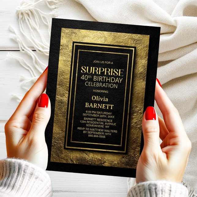 Black Gold Surprise 40th Birthday Party Einladung (Von Creator hochgeladen)