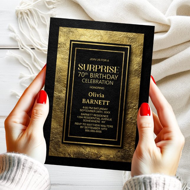 Black Gold Surprise 70th Birthday Party Einladung (Von Creator hochgeladen)