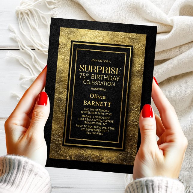 Black Gold Surprise 75th Birthday Party Einladung (Von Creator hochgeladen)