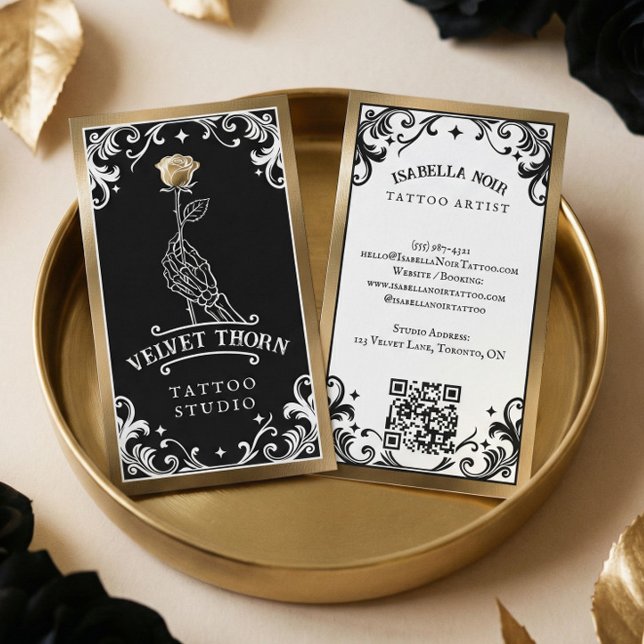 Black Gold Tattoo Artist Skeleton Floral Rose Visitenkarte (Black Gold Tattoo Artist Skeleton Floral Rose Business Card)
