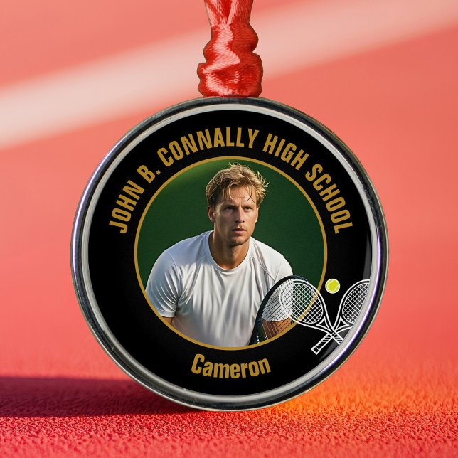 Black Gold Tennis Player Photo Christmas Gift Ornament Aus Metall (Von Creator hochgeladen)