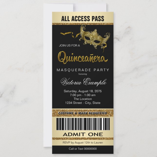 Black Gold Ticket Quinceanera Masquerade Party Einladung (Vorderseite)