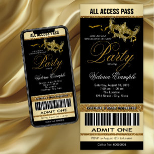 Black Gold Ticket Style Maskenparty Einladung