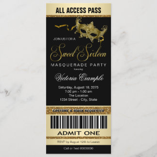 Black Gold Ticket Style Sweet 16 Masquerade Party Einladung