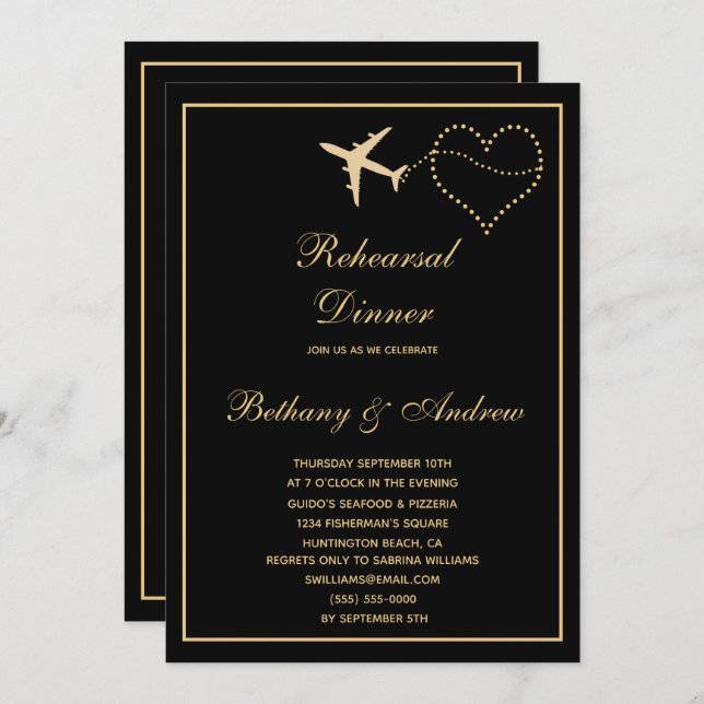 Black Gold Travel Wedding Probe Dinner Einladung (Vorne/Hinten)