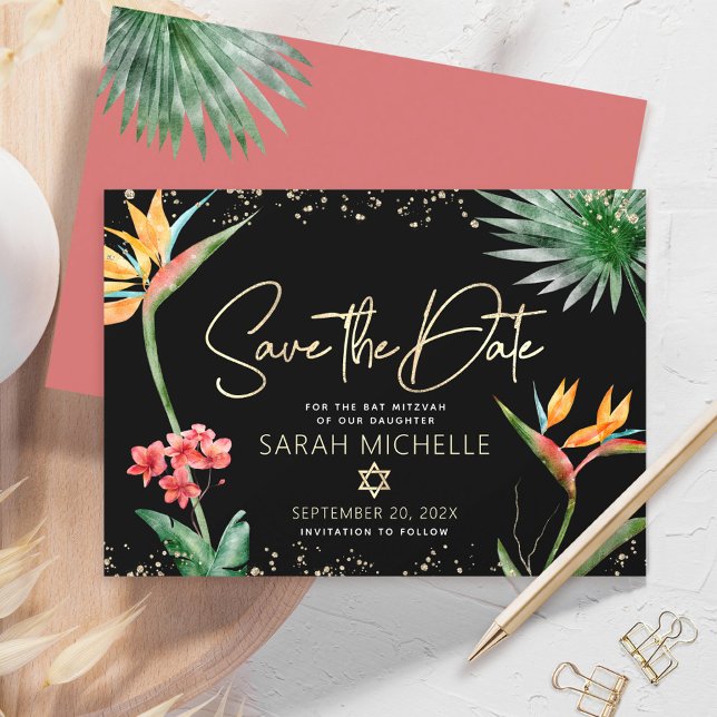 Black Gold Tropical Bat Mitzvah Floral Palm Modern Save The Date (Von Creator hochgeladen)