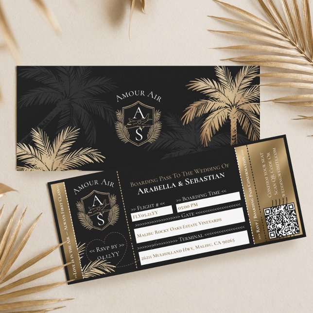 Black Gold Tropical Boarding Plane Ticket Wedding Einladung (Black Gold Tropical Boarding Plane Ticket Wedding Invitation)