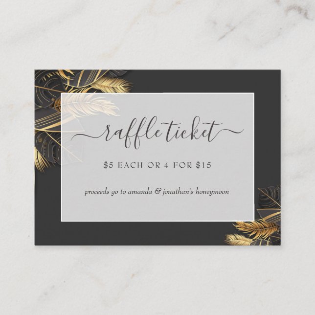 Black & Gold Tropical Brautparty Raffle Ticket Begleitkarte (Vorderseite)