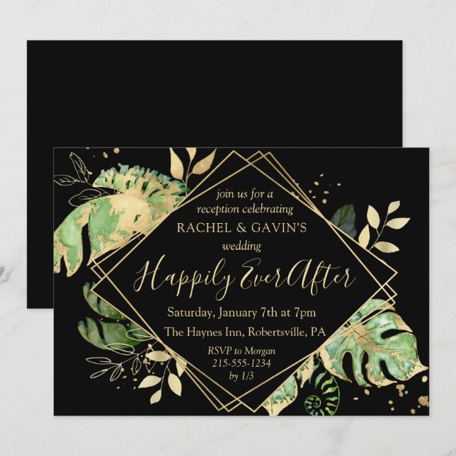 Black & Gold Tropical Elopement Empfang Einladung (Vorne/Hinten)