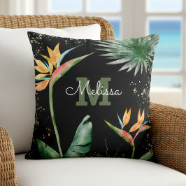 Black Gold Tropical Island Floral Monogram Script Kissen