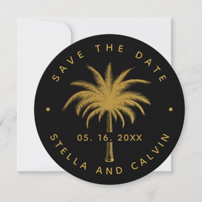Black & Gold Tropical Palm Tree Foto Hochzeit Save The Date (Vorderseite)