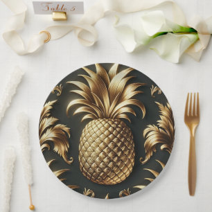 Black & Gold Tropical Pineapse Luxuriöse Hochzeit Pappteller