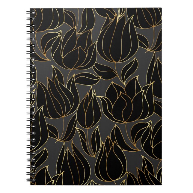 Black Gold Tulips: Luxuriöses Blumenmuster Notizblock (Vorderseite)