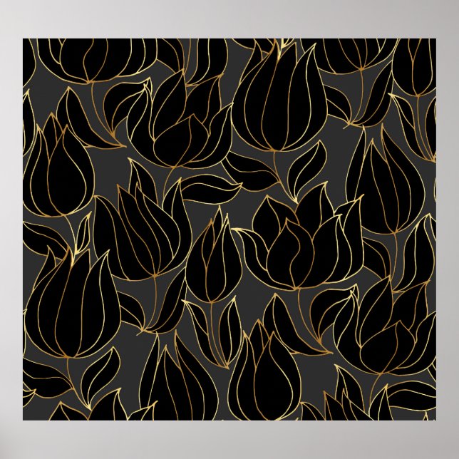 Black Gold Tulips: Luxuriöses Blumenmuster Poster (Vorne)