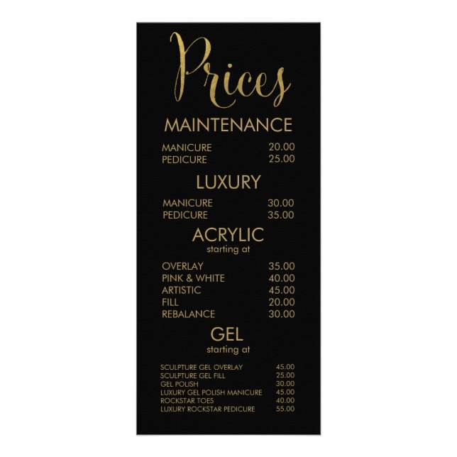 Black & Gold Typografy Salon Menu Cards Werbekarte (Vorne)