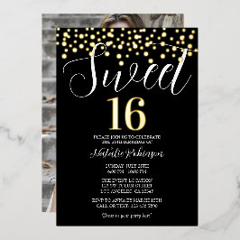 Black Gold und White Sweet 16 Confetti mit Foto Folieneinladung