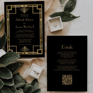 Black Gold Vintage 1920er Deko QR Code Hochzeit Einladung