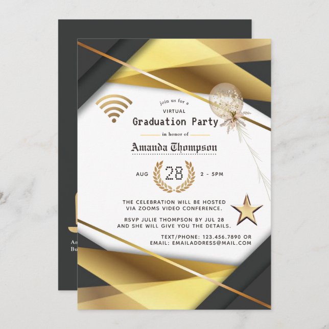 Black & Gold Virtual Graduation Party-Zertifikat Einladung (Vorne/Hinten)