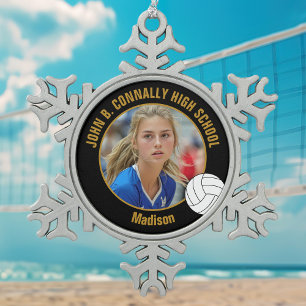 Black Gold Volleyball-Spielerfoto High School Schneeflocken Zinn-Ornament