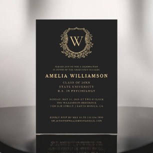 Black Gold Wappen Monogram Graduation Party Einladung